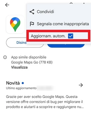 dalla schermata di download di google maps, dal menu è visibile l'opzione aggiornam. autom. con la casella dove mettere il segno di spunta