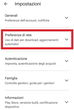dalle impostazioni del play store è stata messa in risalto la voce preferenze di rete