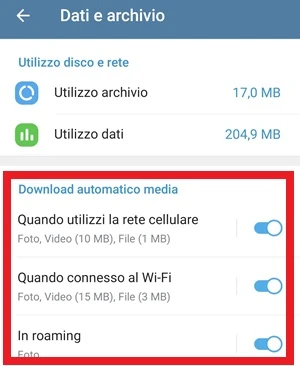 dalle impostazioni di telegram da dati e archivio le voci quando utilizzi la rete cellulare, quando connessi al wi-fi e roaming hanno di fianco l'interruttore attivo