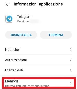 si evidenzia con un riquadro rosso la voce memoria di telegram che si trova su informazioni applicazione