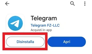 dalla pagina di download di telegram accessibile dal play store il pulsante per la sua disinstallazione è messo in evidenza con una cornice rossa