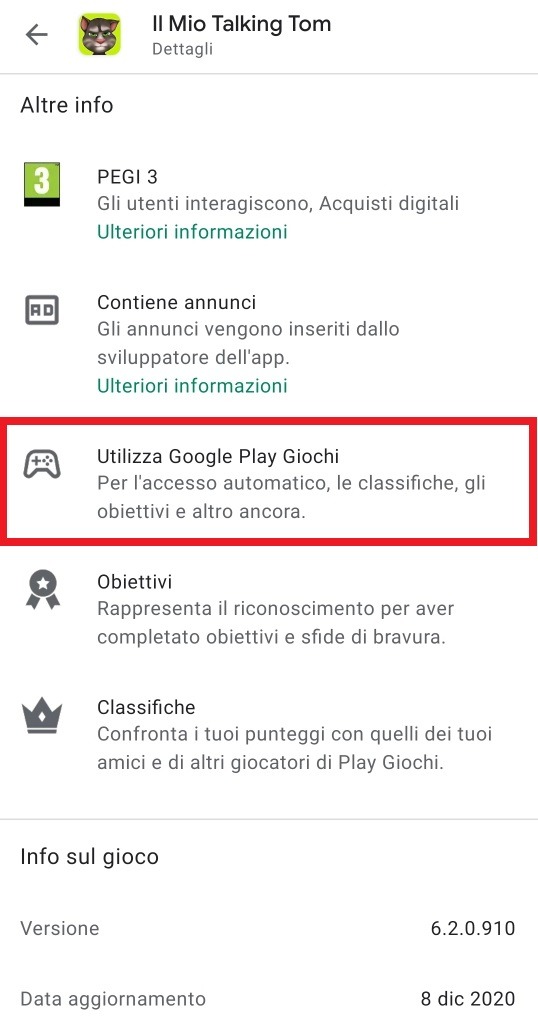 dal play store per l'app il mio talking tom è in evidenza la voce utilizza google play giochi