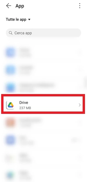 l'applicazione drive è evidenziata nella sezione tutte le app con una cornice rossa intorno