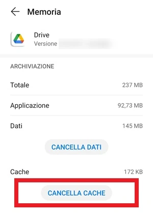 da memoria di drive, il pulsante cancella cache è evidenziato con un riquadro rosso