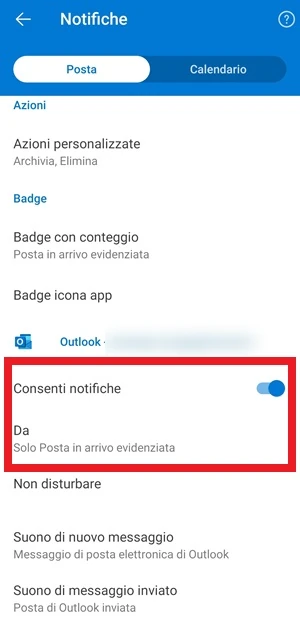 sono incorniciate su outlook le voci consenti notifiche e da solo posta in arrivo evidenziata