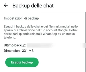 da backup delle chat di whatsapp il pulsante esegui backup è in verde