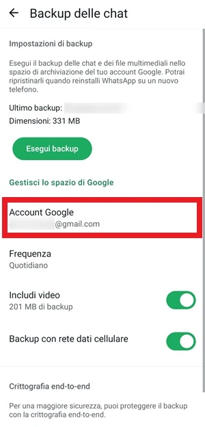 dalla schermata backup delle chat di whatsapp la voce account google ha un riquadro rettangolare di colore rosso intorno