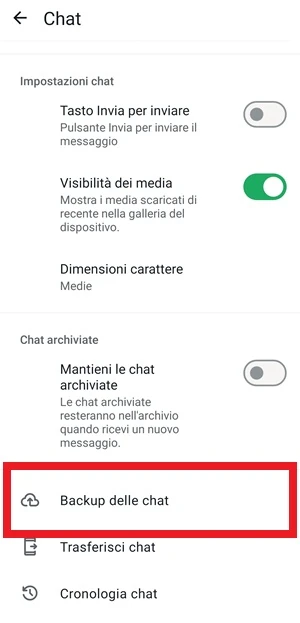da whatsapp la voce backup delle chat è evidenziata con una cornice rossa
