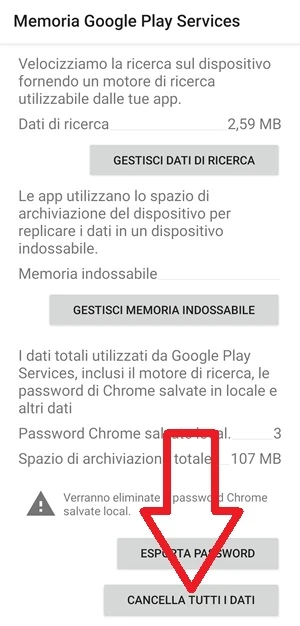 da memoria google play services con una freccia è indicato il pulsante con scritto cancella tutti i dati