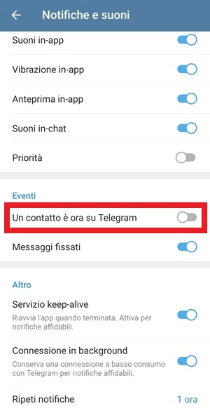 dalla schermata notifiche e suoni di telegram è in risalto con un riquadro la voce un contatto è ora su telegram