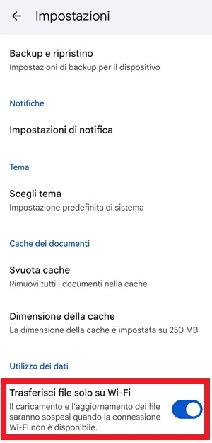 dalle impostazioni di google drive è evidenziata con una cornice rossa la voce trasferisci file solo su wi-fi