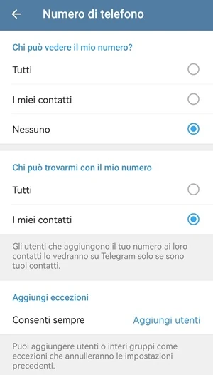da telegram la visibilità del numero di telefono è impostata su nessuno