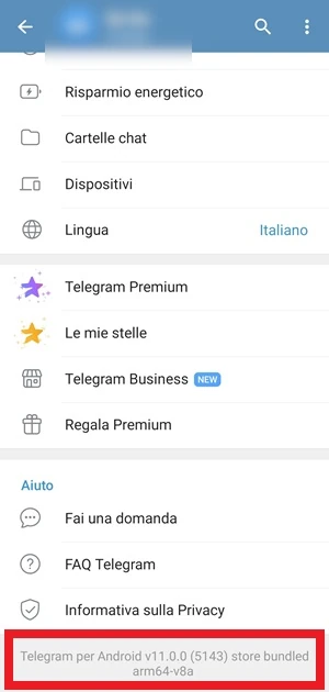 da telegram è in evidenza con un riquadro il numero della versione dell'app