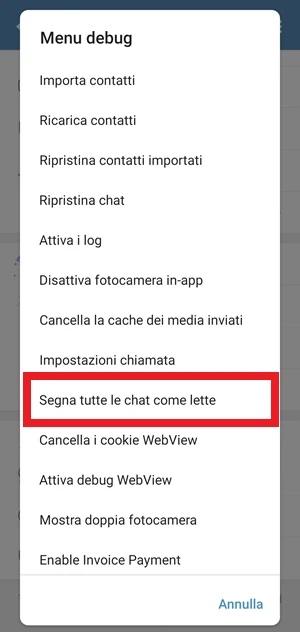dal menu debug di telegram è in risalto con una cornice rossa la voce segna tutte le chat come lette