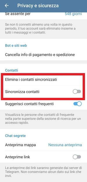 dalla sezione privacy e sicurezza di telegram sotto la sezione contatti sono in evidenza con un riquadro le voci elimina i contatti sincronizzati e sincronizza contatti