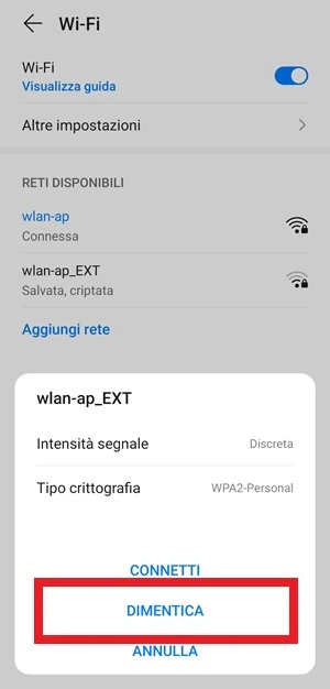 da wi-fi c'è il nome della rete e sotto la voce dimentica evidenziata con un riquadro di colore rosso