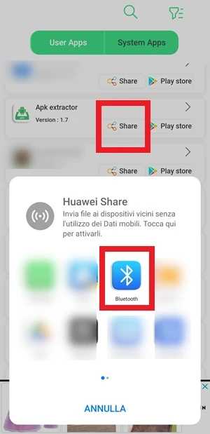 dall'app apk extractor nella finestra di condivisione è in evidenza l'icona bluetooth
