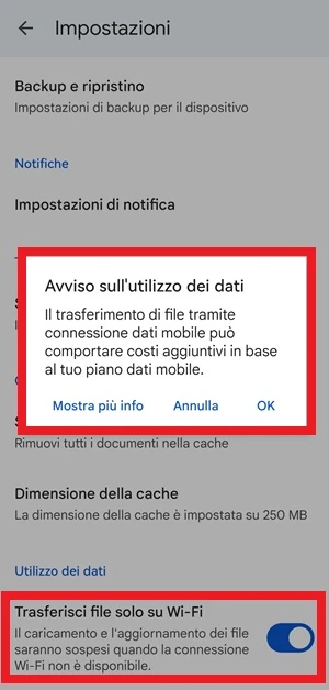 dalla pagina impostazioni di google drive è in evidenza con una cornice rossa la voce trasferisci file sono su wi-fi e il messaggio di avviso sull'utilizzo dei dati