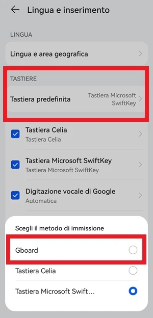 dalla pagina lingua e inserimento delle impostazioni del telefono, sono in evidenza con una cornice rossa la voce tastiera predefinita e gboard
