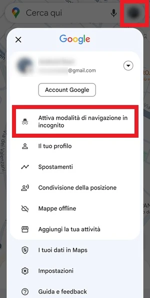 da google maps la voce attiva modalità di navigazione in incognito ha una cornice rossa intorno, anche l'icona della foto profilo