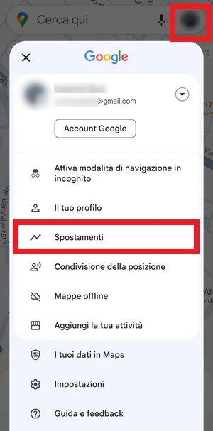 da Google maps la voce spostamenti è evidenziata con una cornice rossa intorno per una maggior visibilità