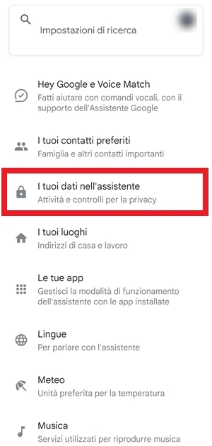 dall'app google la voce i tuoi dati nell'assistente è in evidenza con una cornice rossa