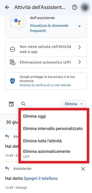 dalla pagina attività dell'assistente in un menu ci sono tutte le voci per eliminare i comandi vocali