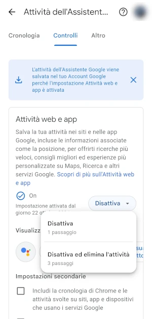 dalla sezione attività dell'assistente google, toccando il pulsante disattiva si apre un menu da cui si può selezionare la voce disattiva o disattiva ed elimina l'attività