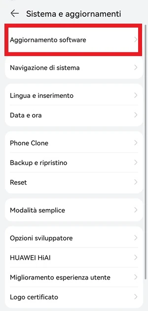 pagina sistema e aggiornamenti da cui si può selezionare la voce aggiornamento software