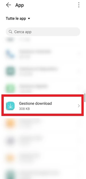 dalla sezione app delle impostazioni di android, la voce gestione download è in risalto con una cornice rossa
