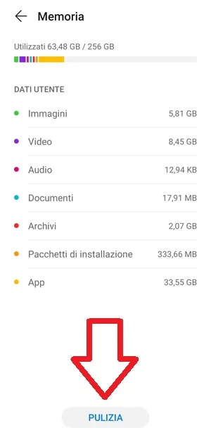 dalla pagine memoria delle impostazioni di android, il pulsante pulizia è indicato con una freccia rossa