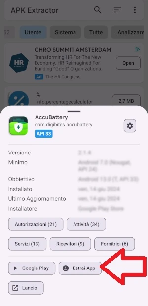 dalla schermata dell'applicazione App APK Extractor & Analyzer, una freccia indica il pulsante Estrai app