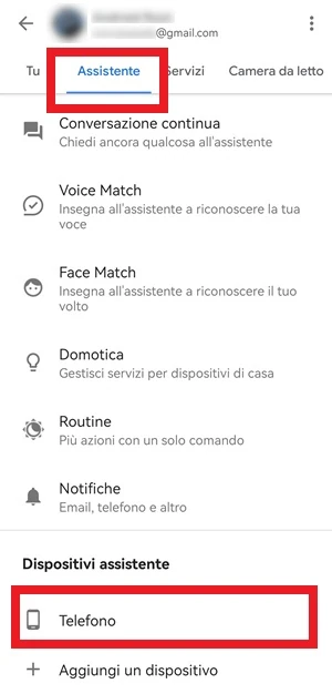 dall'app google assistant è selezionata la voce assistente e telefono con una cornice rossa per ciascuna di loro