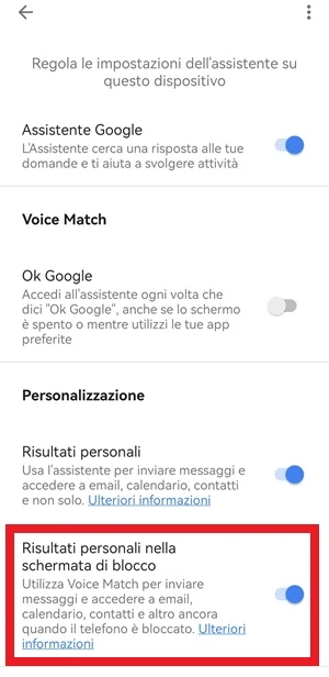 da assistente google è evidenziata con un riquadro rosso la voce risultati personali nella schermata di blocco