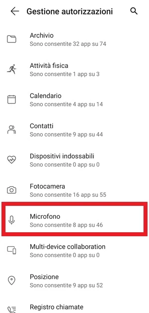 dalle impostazioni gestione autorizzazioni di android, la voce microfono è in risalto
