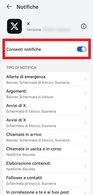 schermata delle notifiche delle impostazioni per l'app X Twitter con l'interruttore di fianco a consenti notifiche attivo
