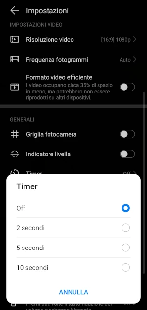 dall'app fotocamera da una finestra è possibile selezionare la durata del timer o se tenerlo disattivato
