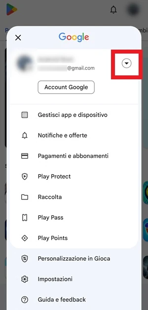 lista con tutti gli account che si possono selezionare dal play store dopo avere premuto la freccia nel riquadro di fianco all'attuale indirizzo gmail in uso