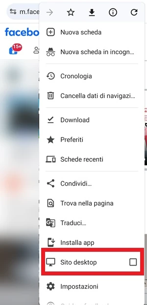 dal menu di chrome è in evidenza la voce sito desktop