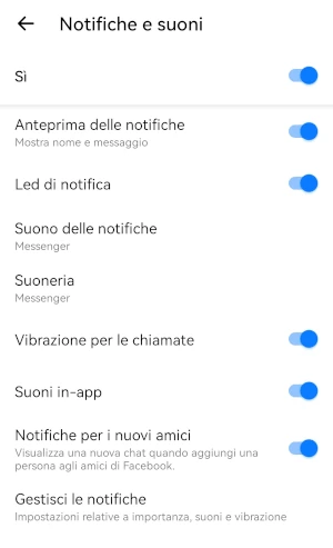 dalla pagina notifiche e suoni di facebook messenger l'interruttore di fianco alla voce si è acceso