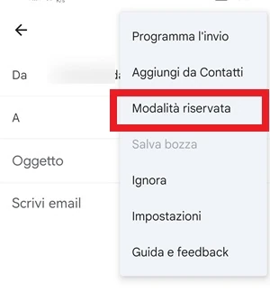 schermata di gmail con la voce modalità riservata messa in evidenza