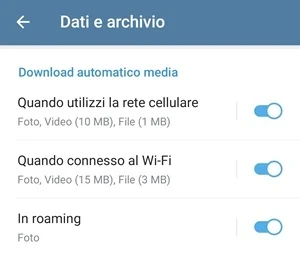 su telegram da dati e archivio è attivo l'interruttore per quando utilizzi la rete cellulare, quando connesso al wi-fi e in roaming