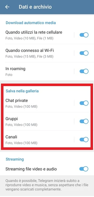 da dati e archivio di telegram è in evidenza la sezione salva nella galleria con le opzioni chat private, gruppi, canali