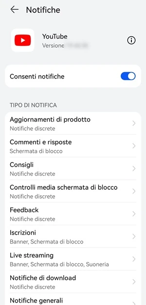 dalla pagine delle notifiche di youtube è attivo l'interruttore delle notifiche