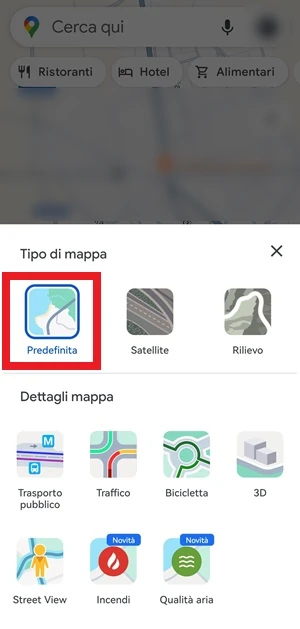 da google maps per il tipo di mappa è stato selezionata la voce predefinita