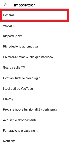 dalle impostazioni di youtube è in evidenza con una cornice rossa intorno la voce generali