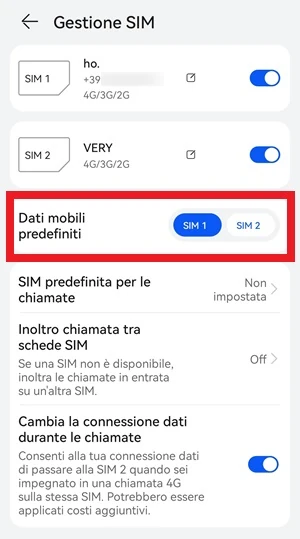 dalla schermata gestione sim delle impostazioni, è in evidenza la voce per la selezione dei dati mobili predefiniti