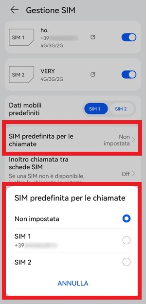 dalla schermata gestione sim delle impostazioni di android è messa in evidenza la voce sim predefinita per le chiamate e dalla finestra aperta si può scegliere quali sim usare