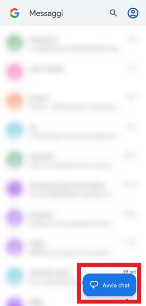 dall'app messaggi di google è stato messo in risalto il pulsante blu avvia chat