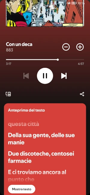 dal brano in ascolto su spotify è visibile l'anteprima del testo della canzone e il pulsante mostra testo